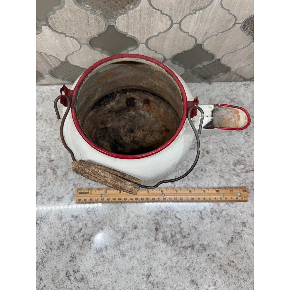 Vintage White Enamelware Tea Kettle Red Rim Wood Handle Primitive Farmhouse Deco